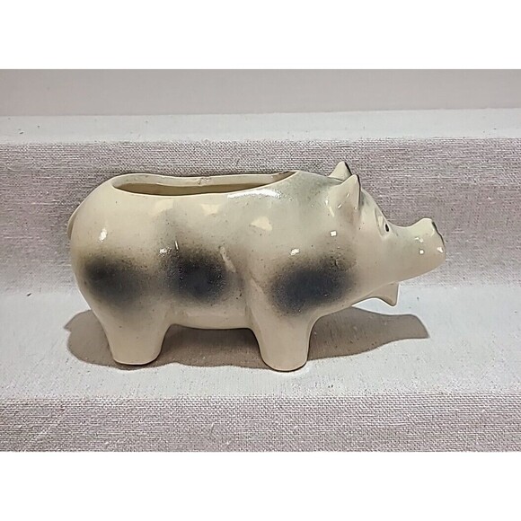 Vintage Ceramic Pig Planter White W/ Black Spots MCM Retro Kitchy Piggy - Picture 1 of 6